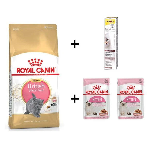 Royal Canin Kitten British Shorthair Yavru Kedi Maması 2 kg + 2 Adet RC Yaş Mama 85 gr + 20 gr GimCat Malt