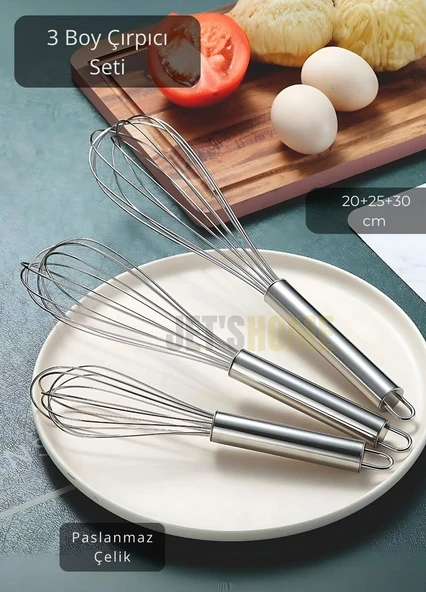 3’lü Set Çelik Çırpıcı Yumurta Çırpıcı Kek Çırpıcı Çorba Çırpıcısı 20-25-30 cm