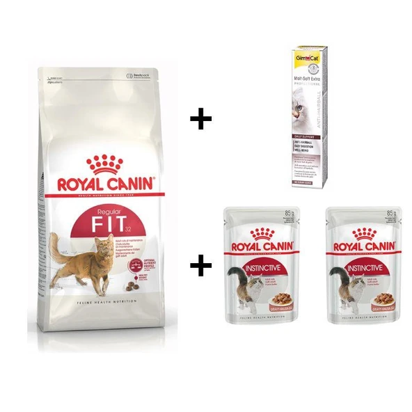 Royal Canin Fit 32  Kuru Kedi Maması 4 Kg + 2 Adet RC Yaş Mama 85 gr + 20 gr GimCat Malt