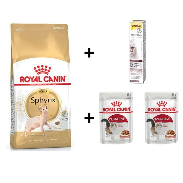Royal Canin Sphynx Yetişkin Kedi Maması 2 kg + 2 Adet RC Yaş Mama 85 gr + 20 gr GimCat Malt