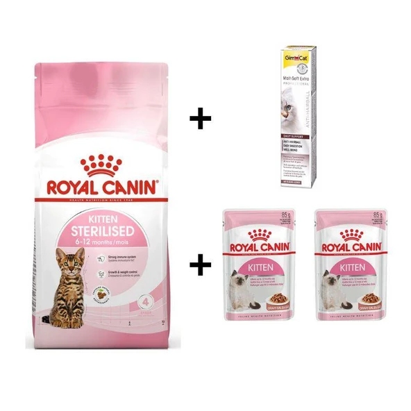 Royal Canin Kitten Kısırlaştırılmış Yavru Kedi Maması 2 Kg + 2 Adet RC Yaş Mama 85 gr + 20 gr GimCat Malt