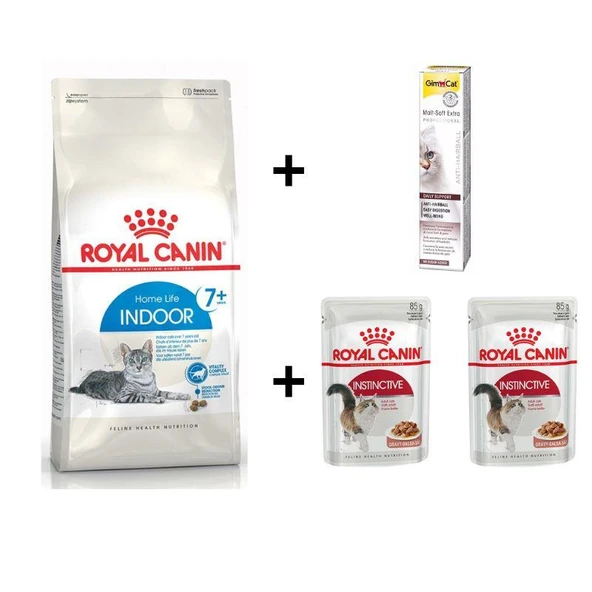 Royal Canin İndoor 7+ Yaşlı Kuru Kedi Maması 3,5 Kg + 2 Adet RC Yaş Mama 85 gr + 20 gr GimCat Malt