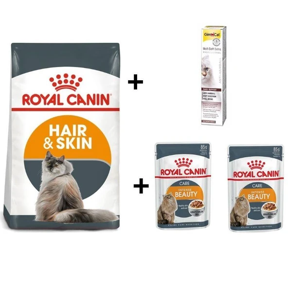 Royal Canin Hair&Skin Hassas Tüylü Kediler İçin Mama 4 kg + 2 Adet Royal Canin Intense Beauty Gravy Yaş Kedi Maması 85 gr + GimCat Malt Soft Extra 20 gr ürün görseli 1