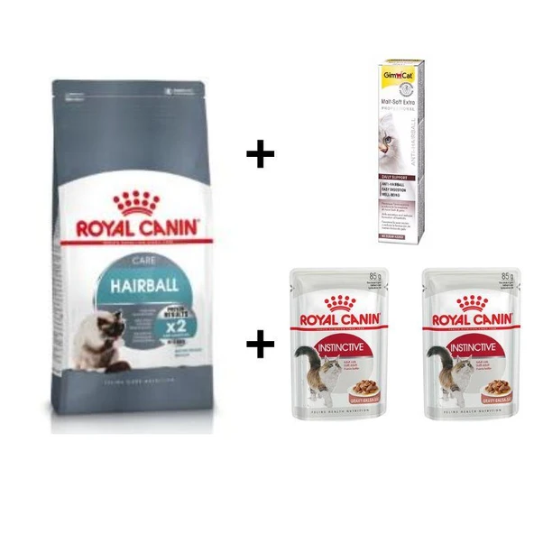 Royal Canin Hairball Care Kedi Maması 2 kg + 2 Adet RC Yaş Mama 85 gr + 20 gr GimCat Malt