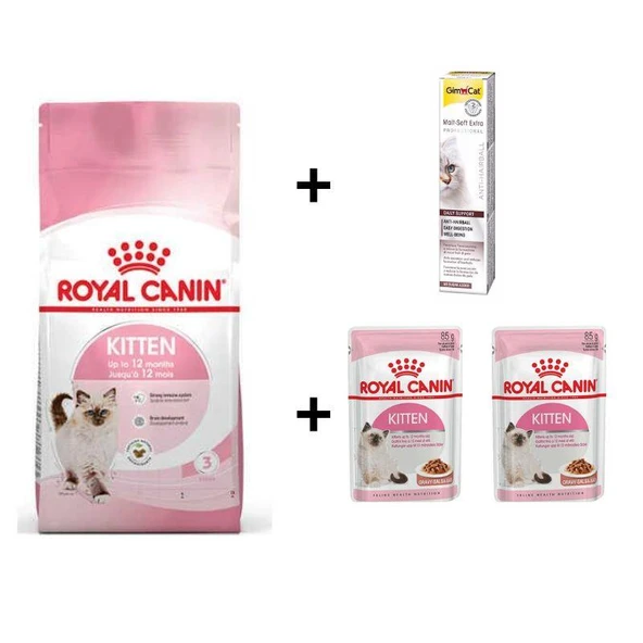 Royal Canin Kitten Yavru Kuru Kedi Maması 2 Kg + 2 Adet RC Yaş Mama 85 gr + 20 gr GimCat Malt