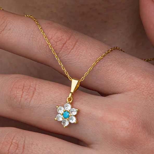 Gümüş Mavi Taşlı Gold Çiçek Kadın Kolye SL10817
