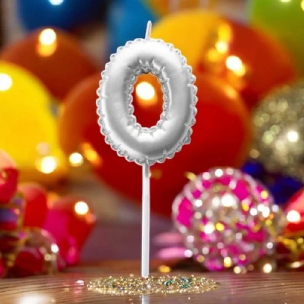 GÜMÜŞ DOĞUM GÜNÜ BALON ŞEKLİNDE MUM PASTA MUMU 0 NUMARA