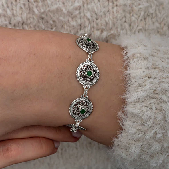 Gümüş Telkari Zümrüt Taşlı Kadın Bileklik SL10778 - Resim 6