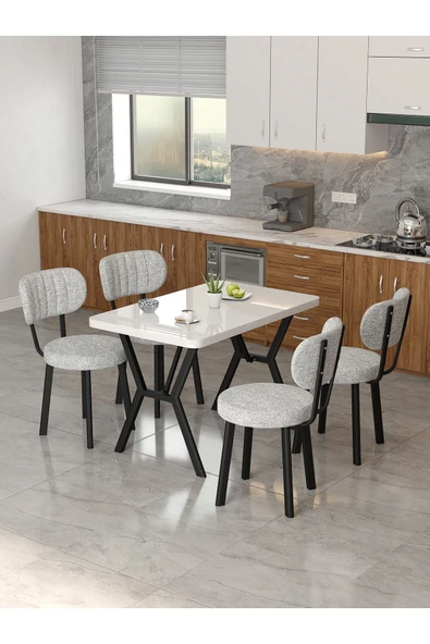 Azra 70x110cm Beyaz Mutfak Masası, Mutfak Masası Takımı, Yemek Masası, 4 Açık Gri Sandalye