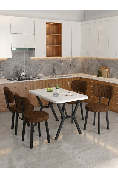 Azra 70x110cm Beyaz Mutfak Masası, Mutfak Masası Takımı, Yemek Masası, 4 Kahverengi Sandalye - 2
