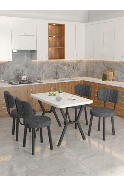 Azra 70x110cm Beyaz Mutfak Masası, Mutfak Masası Takımı, Yemek Masası, 4 Antrasit Sandalye - 2