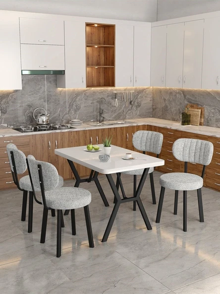 Azra 70x110cm Beyaz Mutfak Masası, Mutfak Masası Takımı, Yemek Masası, 4 Açık Gri Sandalye - 2