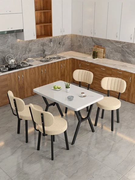 Azra 70x110cm Beyaz Mutfak Masası, Mutfak Masası Takımı, Yemek Masası, 4 Krem Sandalye - 3