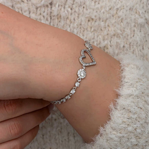 Gümüş Zirkon Taşlı Kalpli Kadın Bileklik SL10770 - Resim 5
