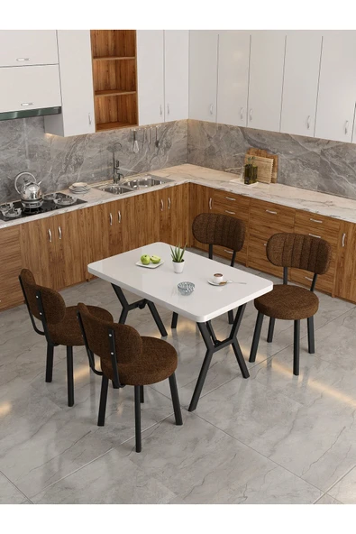 Azra 70x110cm Beyaz Mutfak Masası, Mutfak Masası Takımı, Yemek Masası, 4 Kahverengi Sandalye - 3