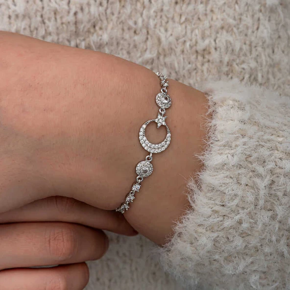 Gümüş Zirkon Taşlı Ay Yıldız Kadın Bileklik SL10771 - Resim 4