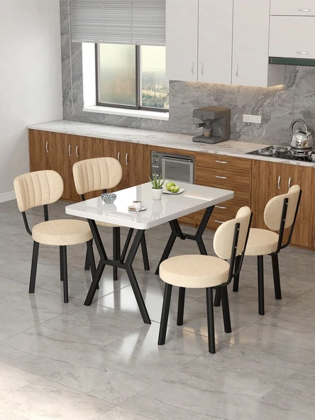 Azra 70x110cm Beyaz Mutfak Masası, Mutfak Masası Takımı, Yemek Masası, 4 Krem Sandalye