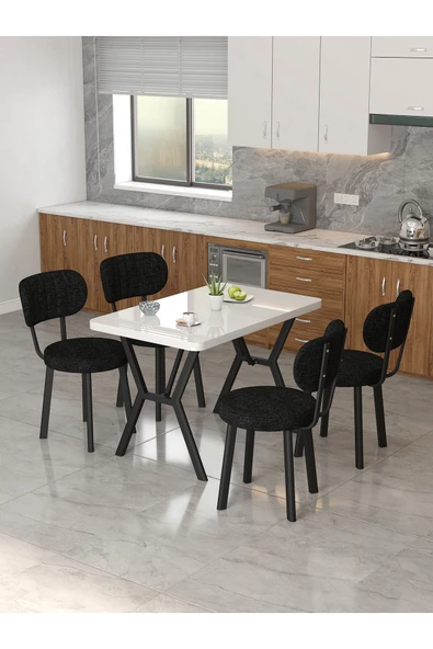 Azra 70x110cm Beyaz Mutfak Masası, Mutfak Masası Takımı, Yemek Masası, 4 Siyah Sandalye