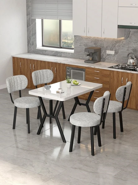 Azra 70x110cm Beyaz Mutfak Masası, Mutfak Masası Takımı, Yemek Masası, 4 Açık Gri Sandalye