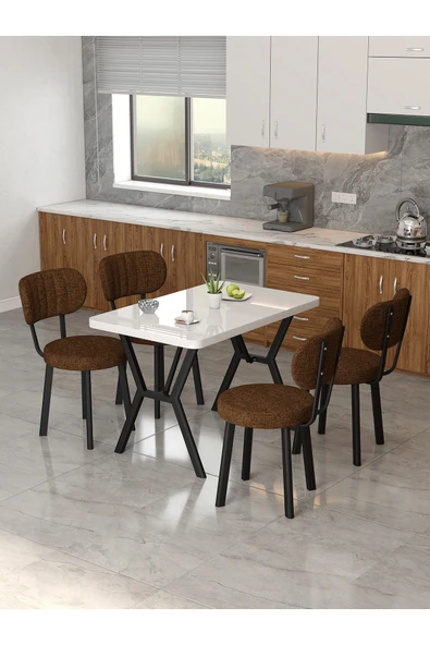 Azra 70x110cm Beyaz Mutfak Masası, Mutfak Masası Takımı, Yemek Masası, 4 Kahverengi Sandalye