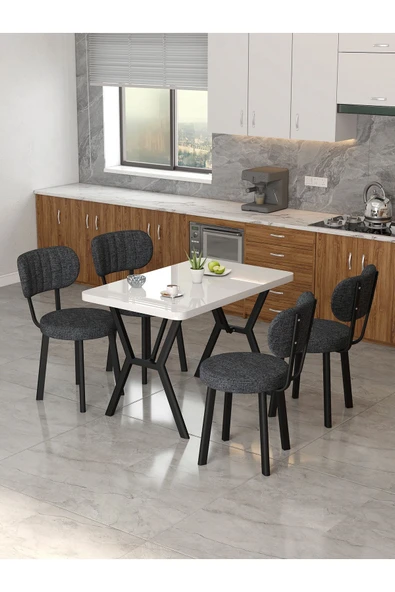 Azra 70x110cm Beyaz Mutfak Masası, Mutfak Masası Takımı, Yemek Masası, 4 Antrasit Sandalye
