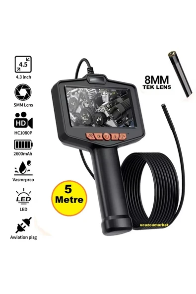 4.3 İnç Ekran 5 Metre Endüstriyel Endoskop HD Yılan Kamera (Tek Lens 8 LED Işık)