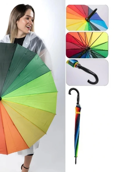 Özel Tasarım Rüzgara Dayanıklı Otomatik Model Fiber 16 Telli  Gökkuşağı Desenli Baston Şemsiye 55cm - 5