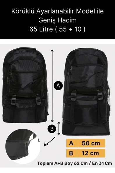 65 Lt Ortopedik Dayanıklı Büyük Boy Çok Gözlü Su Geçirmez Körüklü Kamp Trekking Outdoor Sırt Çantası - 2