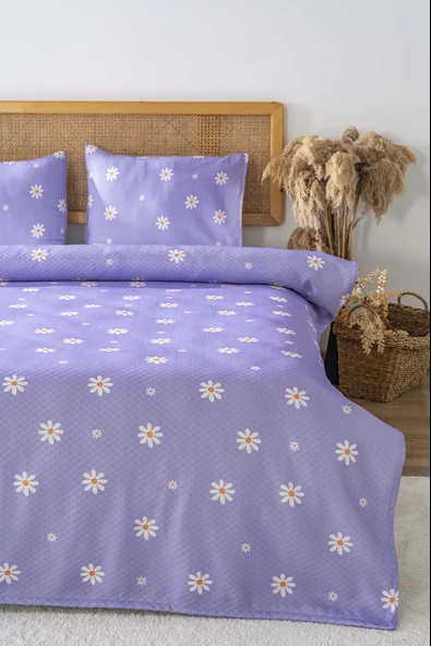 Mor Papatya Çift Kişilik Baskılı Pike 200 x 220 cm