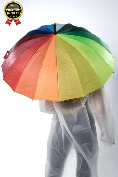 Özel Tasarım Rüzgara Dayanıklı Otomatik Model Fiber 16 Telli  Gökkuşağı Desenli Baston Şemsiye 55cm - 3