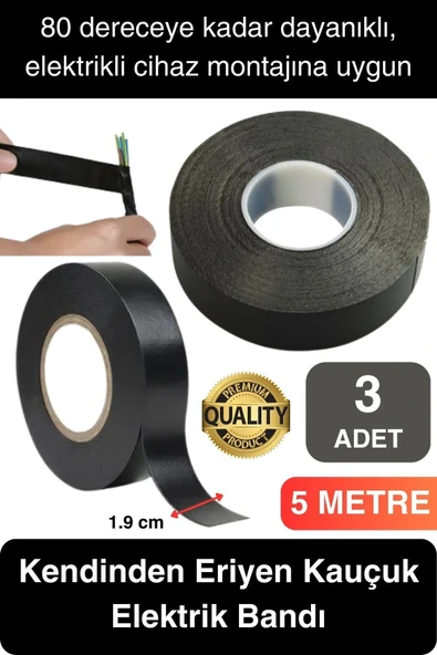Süper Güçlü 3 Adet Siyah Kauçuk Kendinden Eriyen Bant Elektrik Sızdırmazlık Bandı 5 mt 1.9 cm