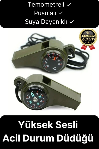 Çok Fonksiyonlu Yüksek Sesli Pusulalı Termometreli Suya Dayanıklı Kamp Deprem Acil Durum Düdüğü