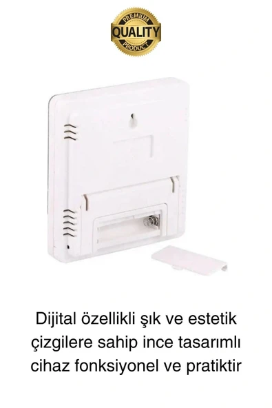 Premium Dijital Masaüstü Lcd Ekran Isı Sıcaklık ve Nem Ölçer Termometre Saat Alarm Pilli Beyaz - 3