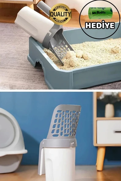 Yeni Nesil Premium Kedi Kumu Temizleme Küreği Elekli Hazneli Kaka Poşeti Hediyeli Büyük Boy Pratik - 2