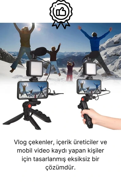 Ayarlanabilir Mikrofonlu Ses Kayıt Led Işıklı Çekim Selfie Çubuğu Canlı Yayın Tripod Vlog Çekim Kiti - 2
