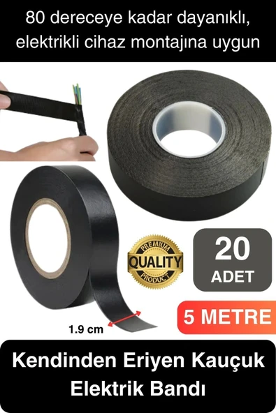 Süper Güçlü 20 Adet Siyah Kauçuk Kendinden Eriyen Bant Elektrik Sızdırmazlık Bandı 5 mt 1.9 cm