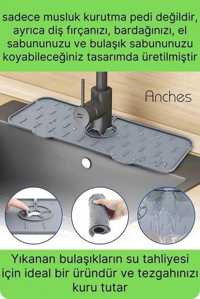 Mutfak Banyo Lavabo Silikon Musluk Arkası Mat Oluklu Su Tutucu Tezgah Üstü Bulaşık Kurutma Pedi - 2