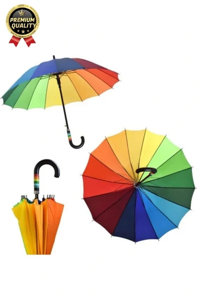 Özel Tasarım Rüzgara Dayanıklı Otomatik Model Fiber 16 Telli  Gökkuşağı Desenli Baston Şemsiye 55cm - 4