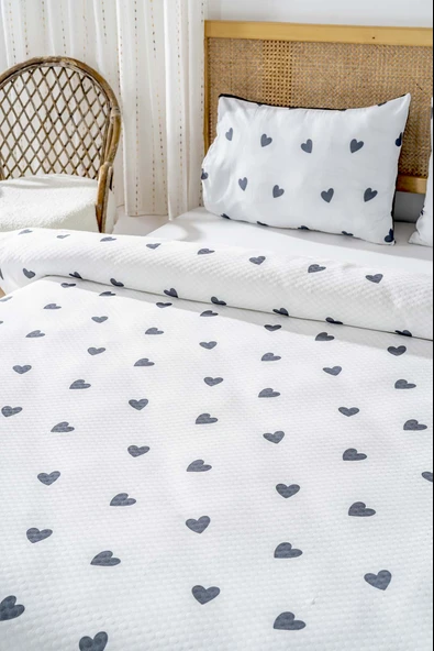 Siyah Mini Kalpler Çift Kişilik Baskılı Pike 200 x 220 cm - 3