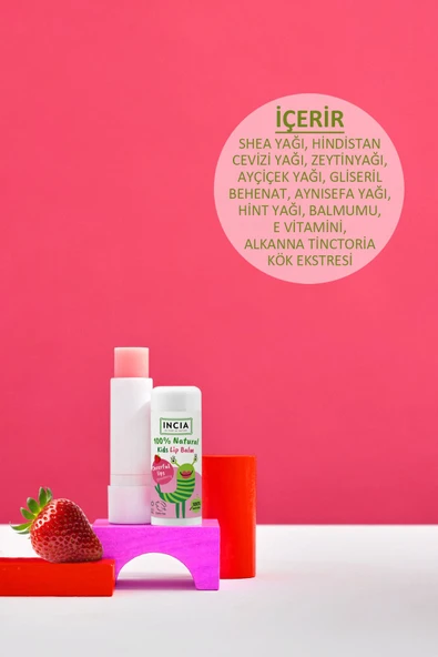 Incia %100 Doğal Kids Dudak Besleyici Çilek Bitkisel Nemlendirici Dudak Bakım Kremi 6 gr