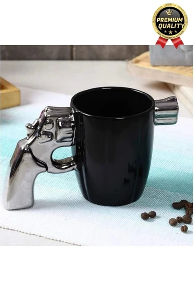 Özel Tasarım Dekoratif Hediyelik Porselen Siyah Silah Görünümlü Gümüş Tutacaklı Kupa Bardak 10*17 Cm - 5
