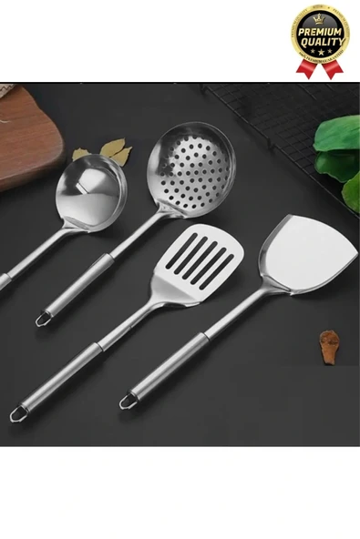 Çok Amaçlı Paslanmaz Çelik Isıya Dayanıklı Saplı Spatula Kepçe 5 Parça Standlı Mutfak Servis Seti - 3