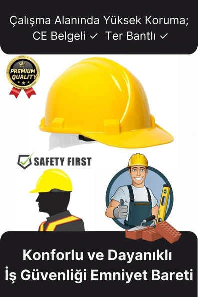 Premium Dayanıklı Konforlu CE Belgeli Ter Bantlı Şantiye İnşaat İş Güvenliği Sarı Emniyet Bareti