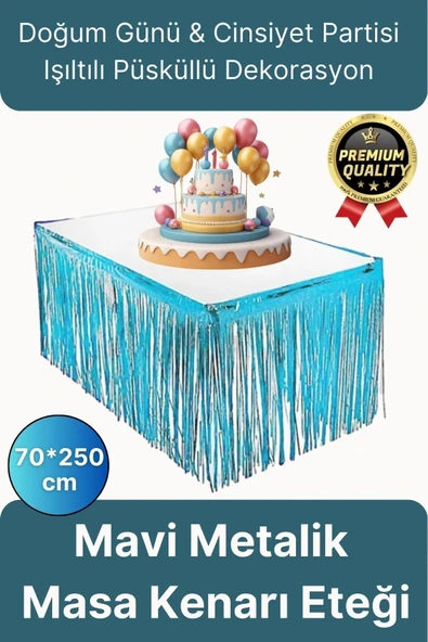 Premium Dekorasyon Püsküllü Işıltılı Doğum Günü Cinsiyet Partisi Mavi Masa Kenarı Eteği 70*250cm