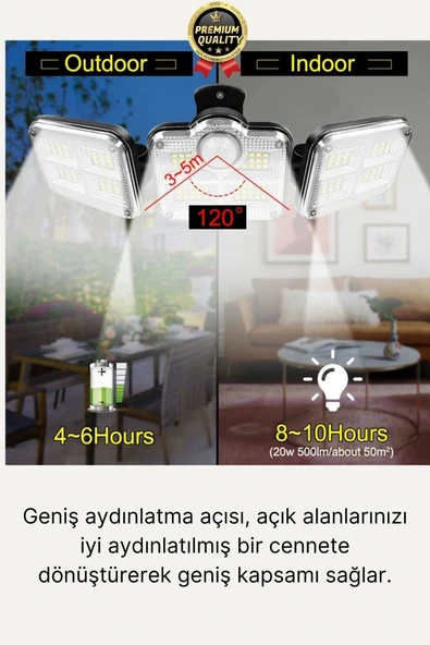 Ayarlanabilir 3 Modlu Solar Güneş Enerjili 122 Ledli Dış Mekan için Hareket Sensörlü Bahçe Lambası - 2
