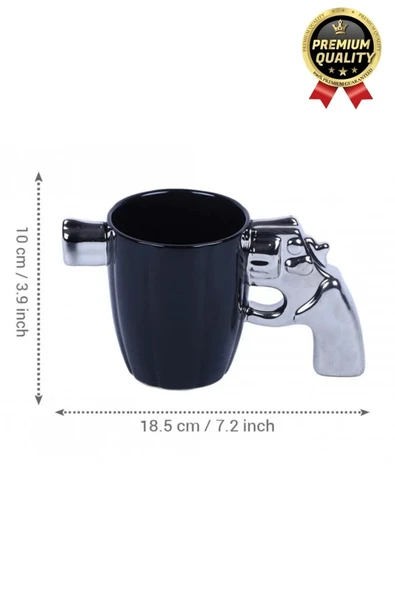 Özel Tasarım Dekoratif Hediyelik Porselen Siyah Silah Görünümlü Gümüş Tutacaklı Kupa Bardak 10*17 Cm - 2