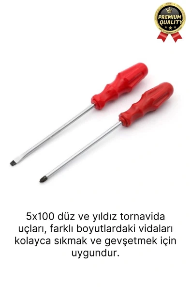 Yüksek Kalite Dayanıklı Pratik Ergonomik Tamir Vidalama Düz ve Yıldız Uçlu 2'li Tornavida Seti 5x100 - 2