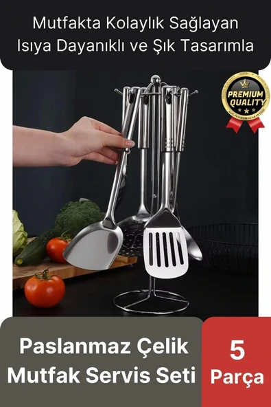Çok Amaçlı Paslanmaz Çelik Isıya Dayanıklı Saplı Spatula Kepçe 5 Parça Standlı Mutfak Servis Seti