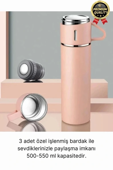 Kaliteli Paslanmaz Çelik Çift Katmanlı Sıcak Soğuk 3 Bardaklı Vakumlu Termos Çanta Hediyeli 550 Ml - 2