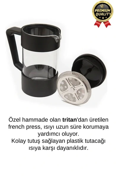 Premium Kalite Dayanıklı Isıyı Koruyan Filtre Kahve Bitki Çayı Demleme Siyah French Press 200 ml - 4